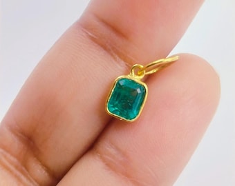 14k Gold Zambian Emerald Charm Handmade May Birthstone Pendant