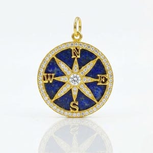 14K Gold Diamond Compass Pendant • Lapis Lazuli Charm • Minimalist Jewelry • Trendy For Gift.