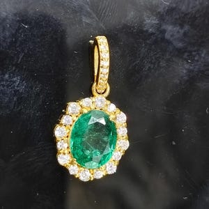 14k Solid Gold Emerald Charm Necklace, Lab Created Emerald Charm, Diamond Pendant, Beautiful Green Gemstone Handmade Gift Pendant