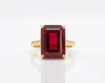 Dainty Ruby Ring • Rectangle Cut Gemstone • Sterling Silver • Engraved Band • Trendy For Gift.