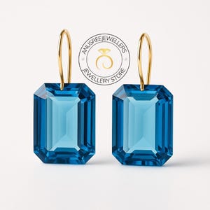 14K Yellow Gold London Blue Topaz Hook Earrings Dazzling Statement Jewelry for Her Elegant Blue Stone Gift Timeless Topaz Glamour .