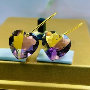 Purple Yellow Ametrine Earrings, 14K Gold Ametrine Heart Earrings, Bicolor Ametrine Earrings, Statement Earrings, Heart Shape Stone Earrings