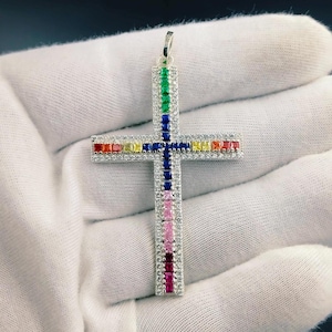 Rainbow sapphire unisex cross pendant necklace Natural dainty art deco multi sapphire rainbow Cross pendant 925 sterling silver cross charm