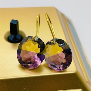 14K Gold Ametrine Earrings, November Birthstone, Minimalist Earrings, Ametrine Silver Jewelry Gift For Wife, Oval Gemstone, Drop Earrings