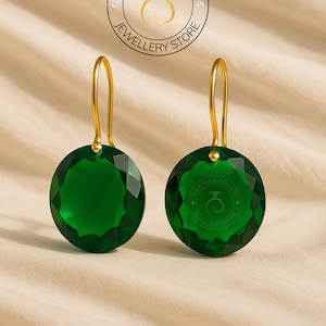 14K Gold Colombian Emerald Dangle Drop Earrings , May Birthstone, Emerald Jewelry Gift For Her, Statement Earrings, Valentine&#39;s Gift For Gf.