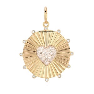 14K Solid Gold Pendant Certified Genuine Diamond Heart Round Disc Sunburst Pendant Necklace Solid 14K Yellow Gold Handmade Wedding Gift