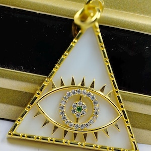 Evil Eye Triangle Shape Mother Of Pearl Pendant,14K Gold Plated Pendant,Triangle Design Pendant, Handmade Triangle Pendant, Evil Eye Pendant