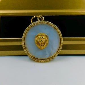 14K Solid Gold Lion Charm Necklace, Lion Silver Pendant, Rose Gold Lion Necklace, King Of The Forest Charm, Mother Of Pearl Gold Charm, Gift