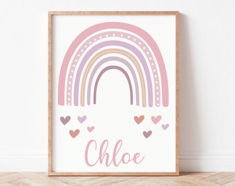 Personalised Pink Boho Rainbow, Girly Wall Art, Editable Baby Name Poster, Customised Girl Name, Instant Download, Rainbow Wall Hanging