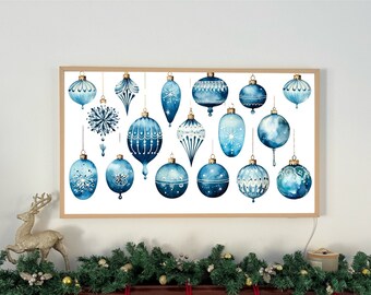 Samsung Frame TV Christmas Art, Xmas frame TV art, Christmas art for the frame, Holiday Decor, Christmas Baubles, Blue Christmas