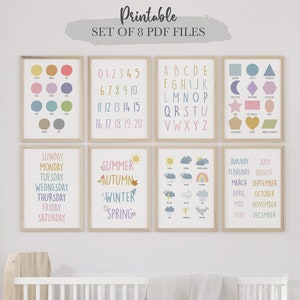 Educational Printables, Montessori classroom, Kids Wall Art, Learning Posters, Set of 8, Home School, Playroom Wall Art, Digital Download image 1