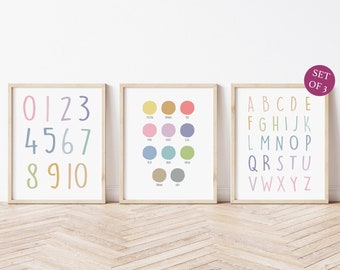 Educational prints, Playroom wall art, 3 Prints Set, Colours, Numbers, Alphabet, Playroom decor, Montessori, Digital File, Instant Download