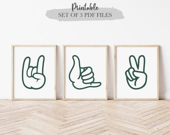 Set of 3 Hand Gesture Printables, Peace Sign Shaka Rock On Mahalo Hawaiian Hand sign, Minimalist Line Art, Kids Surf Room, Decor Digital