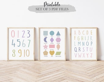 Educational Playroom Decor, Playroom Printables, Set of 3, Shapes, Numbers, Letters, Montessori, Classroom Decor, Preschool,Digital Download