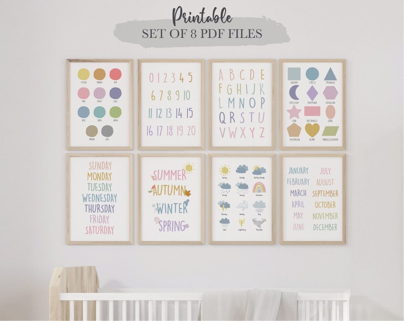 Educational Printables, Montessori classroom, Kids Wall Art, Learning Posters, Set of 8, Home School, Playroom Wall Art, Digital Download image 1