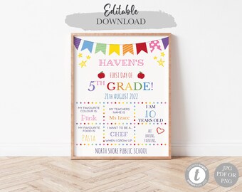 First Day Of School Printable, Fifth Grade Sign, Back to School Sign, Editable Template, Photo Prop, Instant Edit & Download, 5th Grade Sign