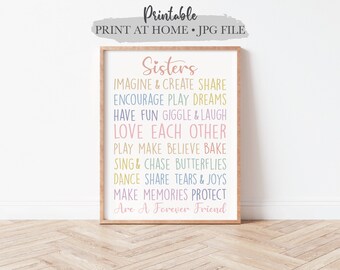 Sisters Rainbow Printable Wall Art, Pastel Boho Rainbow, Girls Room Decor, Sisters Quote, Playroom Poster, Sister Gift, Digital Download