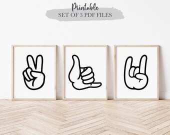 Set of 3 Black Hand Gesture Printables, Peace, Shaka, Rock On, Mahalo, Hawaiian Hand sign, Monochrome Line Art, Boys Surf Room Digital Decor