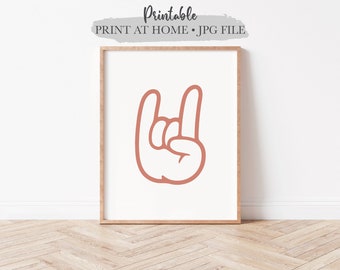 Rock On Hand Gesture Printable, Rock and Roll Doodle, Modern Music Wall Art, Minimalist Line Art, Kids Room Boys Room Digital Download