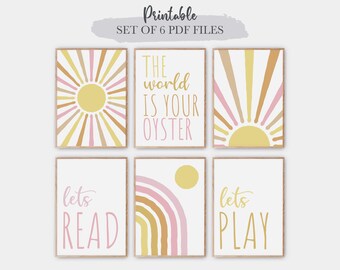 Let's Read Let's Play Set of 6 Prints, Printable Wall Art, Boho Pink, Rainbow, Nursery, Kids Room Wall Art, Playroom Decor, DIGITAL DOWNLOAD