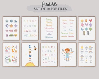 Educational Printables, Montessori classroom, Kids Wall Art, Learning Posters, Set of 10, Home School, Playroom Wall Art, Digital Download