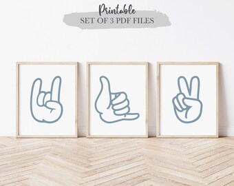 Hand Gesture Printables, Set of 3, Peace Sign, Shaka, Rock On, Mahalo, Hawaiian Hand sign, Minimalist Line Art, Boys Surf Room Decor Digital