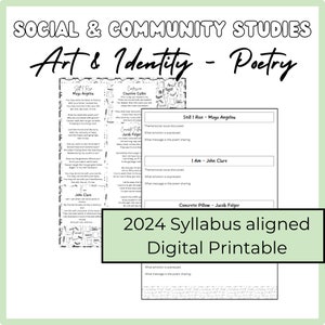 Puede incluir: Una hoja de trabajo imprimible para una clase de estudios sociales. La hoja de trabajo presenta cuatro poemas con títulos y autores: "Still I Rise" de Maya Angelou, "I Am" de John Clare, "Concrete Pillow" de Jacob Folger y "Confession" de Countee Cullen. La hoja de trabajo pide a los estudiantes que identifiquen el problema social temático que se discute, la emoción que se expresa y el mensaje que el poema comparte.