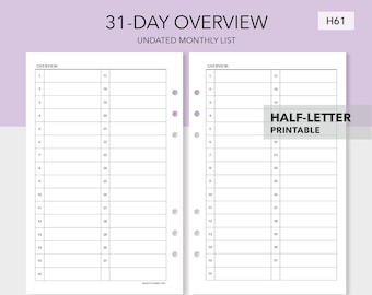 Druckbare Monatsliste 2 Spalten - 31 Tage Liste - Monat auf 1 Seite Listenformat - Halber Buchstabe PDF - Passend für Tul/Arc Junior - H61