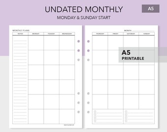 Printable Undated Monthly Template - Undated Month on 2 Page - Mo2p Template - A5 Size - A5-22.25