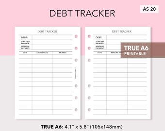 Druckbare Debt Tracker Einlage - Geldmanagement Tracker - Finanzplaner Einlage - A6 Ringbuch - AS20