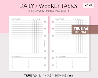 Druckbare Tägliche Wöchentliche Aufgaben Einlage - Routine Checkliste - Habit Tracker - Wöchentliche Hausarbeit - True A6 Ringe - AS02