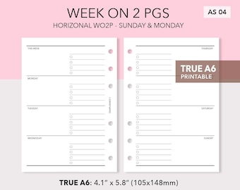 Druckbare Woche auf 2 Seiten - Undatiertes Wo2P Weekly - Mit/ohne Aufzählungszeichen - ECHTE A6 Größe - AS04