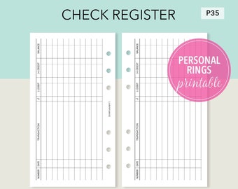 Registro de cheques imprimible - Inserción de transacciones de chequera - Rastreador de gestión de dinero - Anillos personales - P35