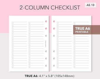 Druckbare 2-spaltige Checklisteneinlage - Checklistenpapier - To do List Plannereinlage - A6 Größe - AS10