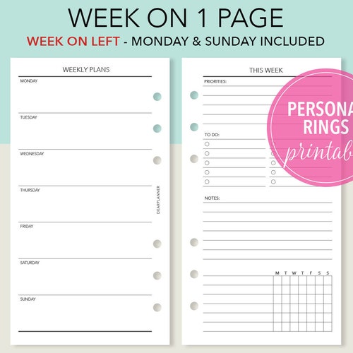 Paper H07 Half Letter & A5 size Printable Weekly Planner Insert Week on ...