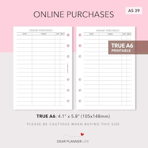 Puede incluir: Página de planificador A6 imprimible con una tabla para realizar un seguimiento de las compras en línea. La tabla tiene columnas para la tienda, los artículos y la recepción del envío. La página mide 4,1 pulgadas por 5,8 pulgadas (105 mm x 148 mm).