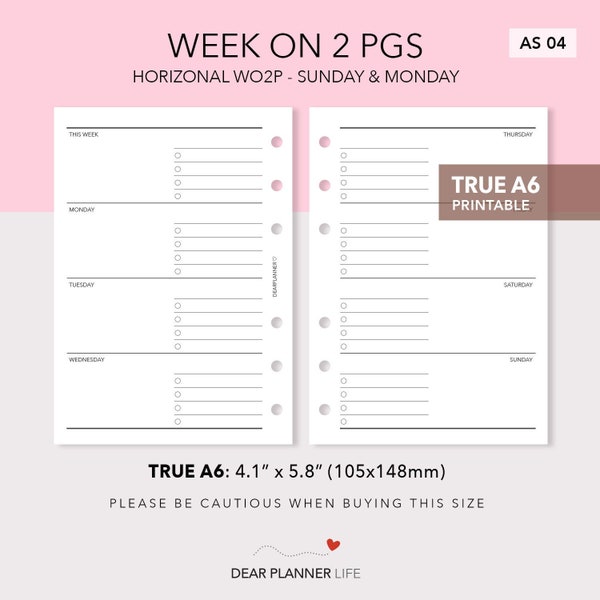 Printable Week on 2 pages - Undated Wo2P Weekly - With / without bullets - TRUE A6 size - AS04