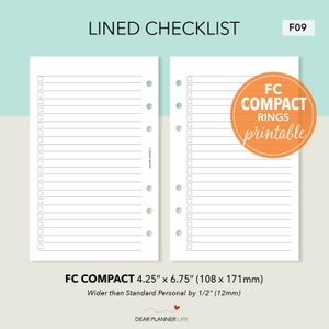 Puede incluir: Lista de verificación con líneas imprimibles para una carpeta de anillas compacta, que mide 10,8 cm por 17,1 cm. La lista de verificación está diseñada para usarse con anillas FC Compact.