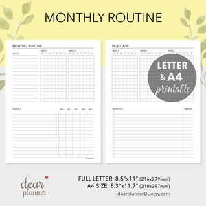 Puede incluir: Planificador de rutina mensual imprimible en tamaños carta y A4. El planificador tiene secciones para tareas diarias, semanales y mensuales. También incluye una sección para tareas completadas.