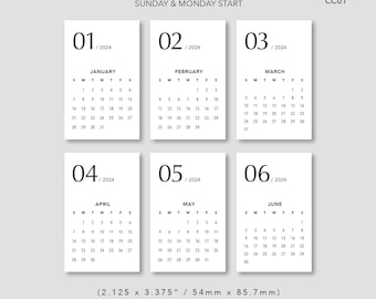 Monatsplaner-Karten 2026 – Minikalender – Start Sonntag & Montag – Minimalistisches Design – PDF-Download CC01