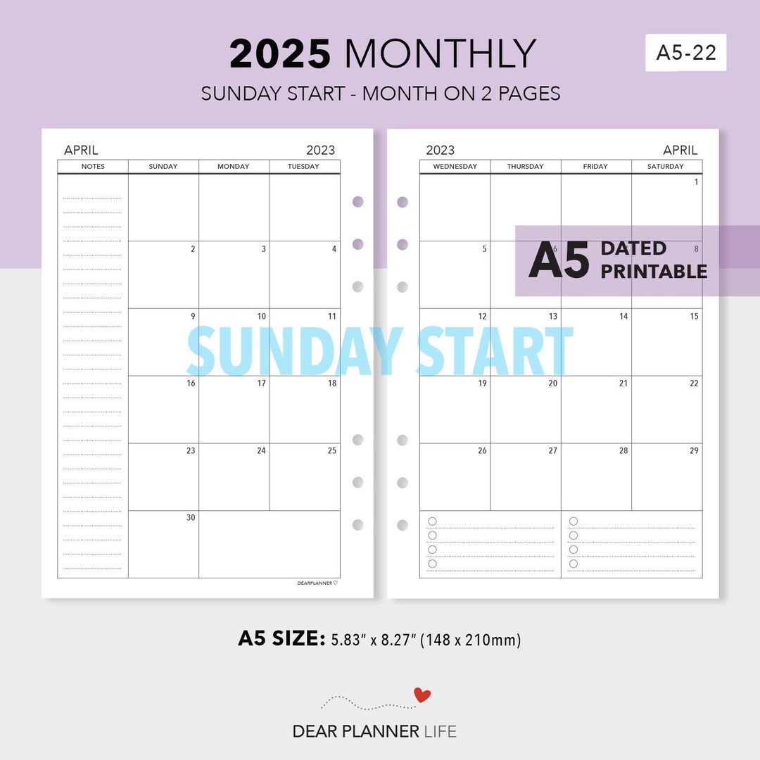 2025 Printable Month on 2 Pages - SUNDAY Start - A5 Size Monthly - Mo2p ...