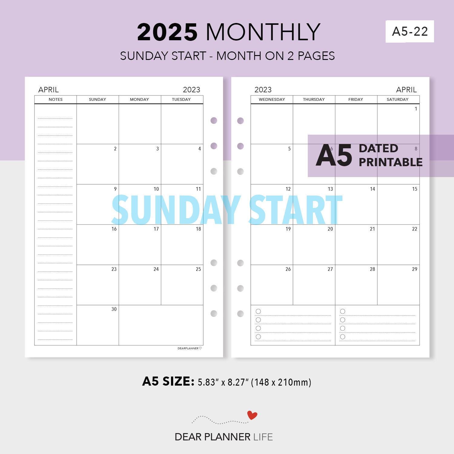 2025 Printable Month on 2 Pages - SUNDAY Start - A5 Size Monthly - Mo2p ...