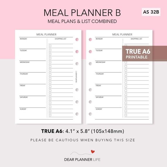 Printable Meal Planner Insert Weekly Menu Planning | Etsy