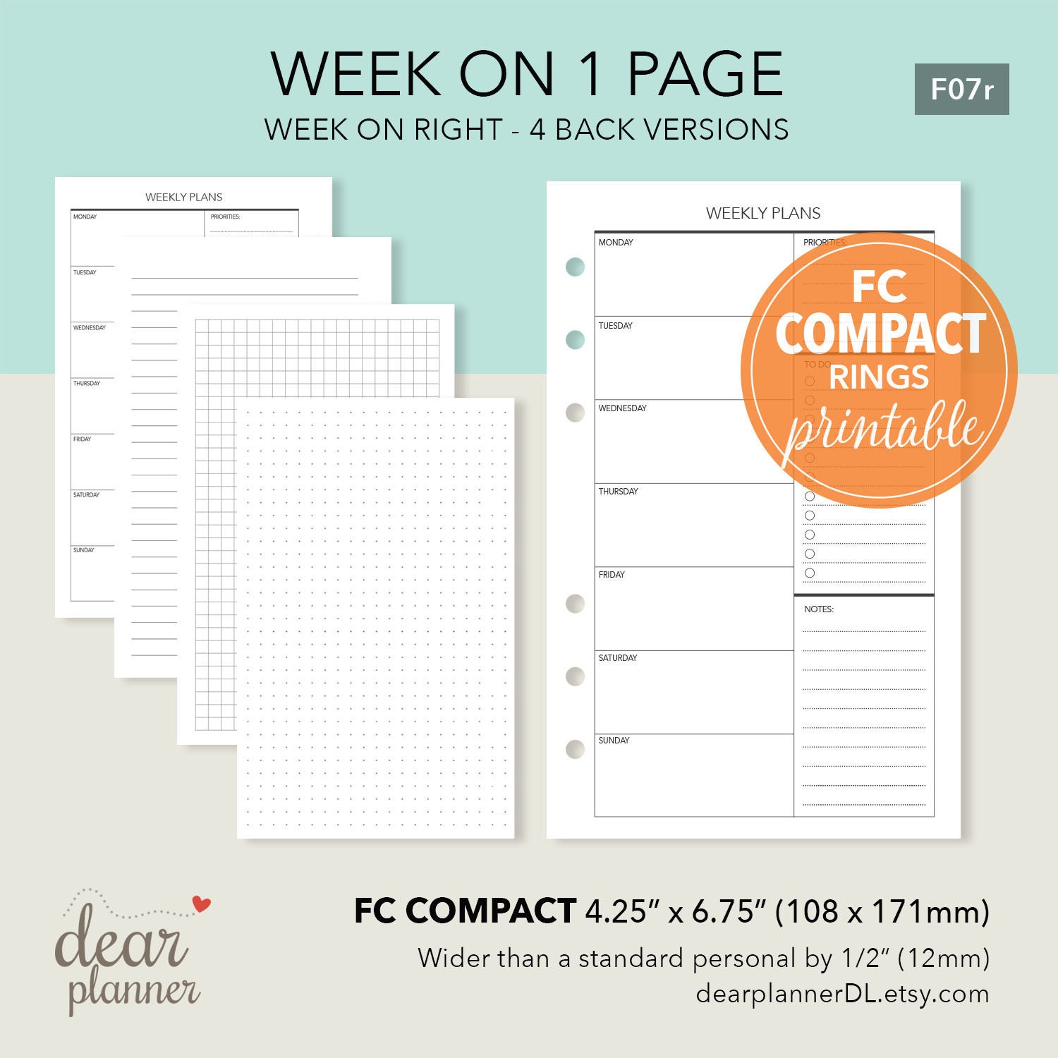 Paper H07 Half Letter & A5 size Printable Weekly Planner Insert Week on ...