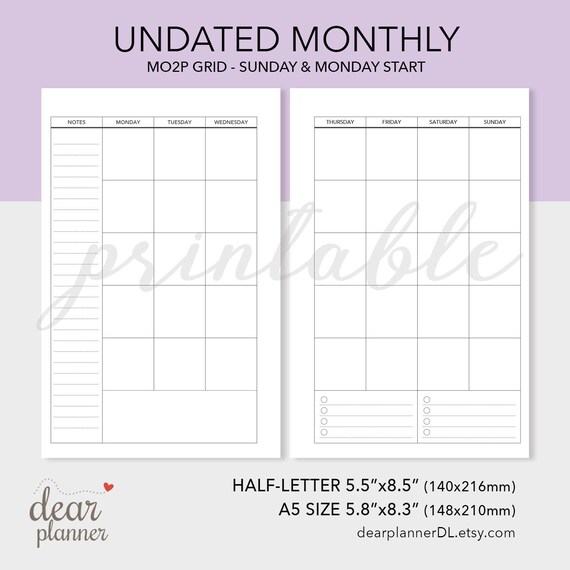 Paper H07 Half Letter & A5 size Printable Weekly Planner Insert Week on ...