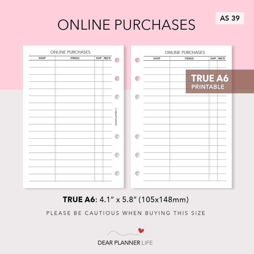 Printable Online Purchase Tracker - Website Shopping Insert - Order ...