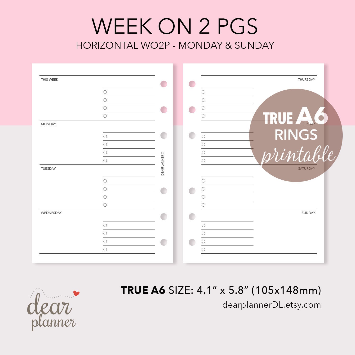 Paper H07 Half Letter & A5 size Printable Weekly Planner Insert Week on ...