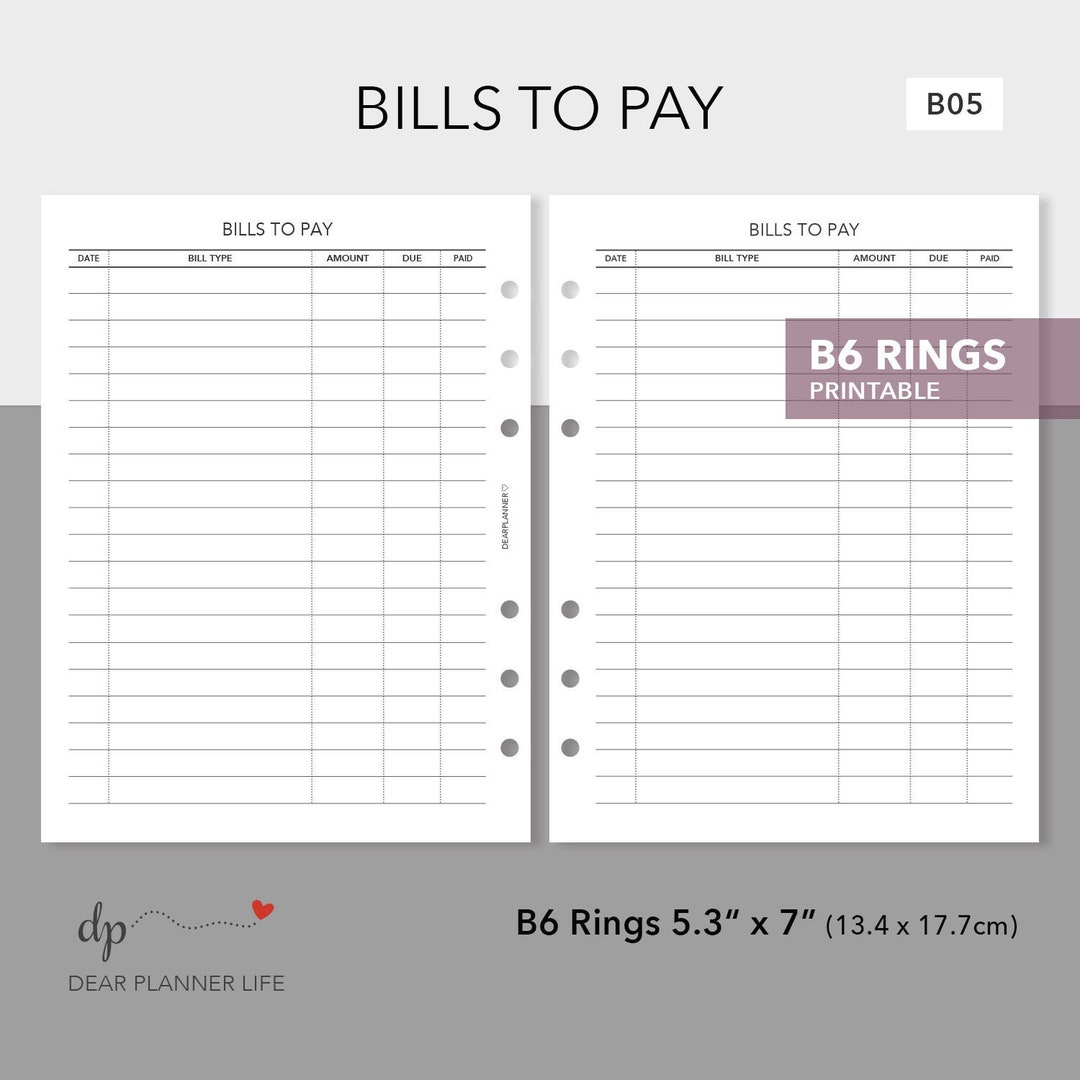 B6 Printable Bills to Pay Insert - Bill Pay Tracker - Financial Planner ...