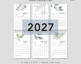Monatsplaner-Karten 2027 – Minikalender – Start Sonntag & Montag – Blätterdesign – PDF-Download CC02