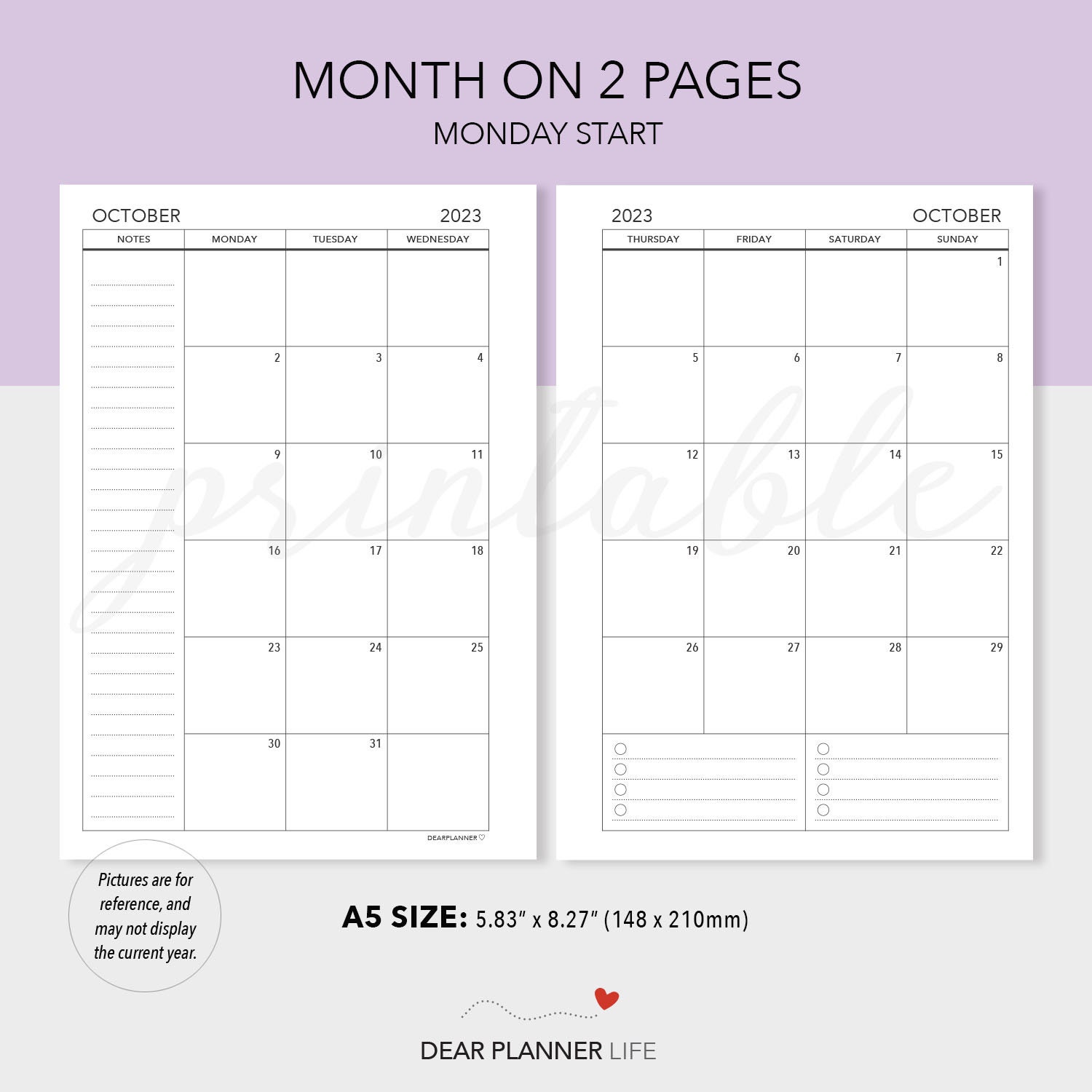 2025 Printable Month on 2 Pages MONDAY Start A5 Size Monthly Mo2p PDF ...